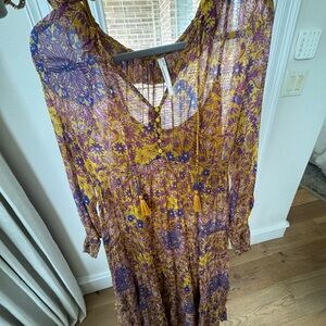 Anthropologie Purple and Yellow Floral Long Sleeve Dress